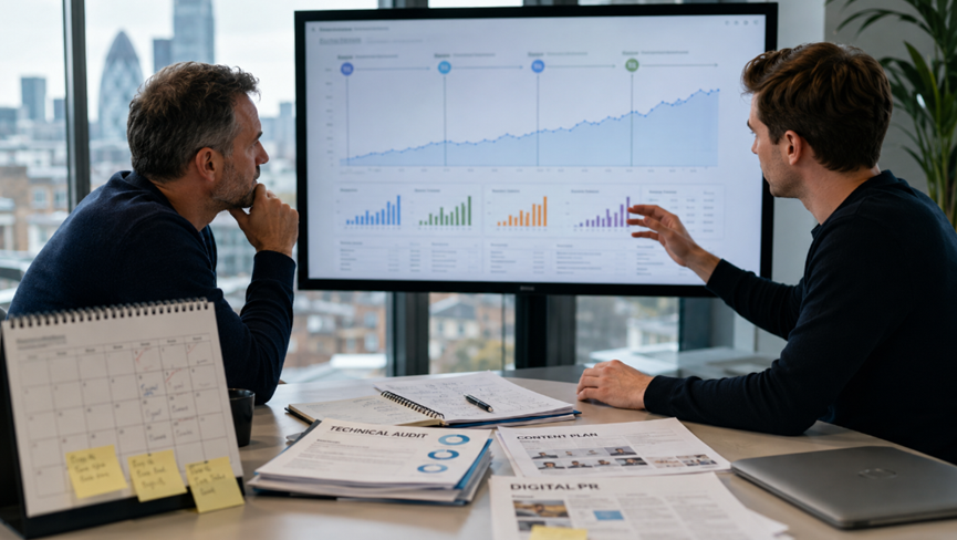 UK business owner reviewing a realistic SEO results timeline